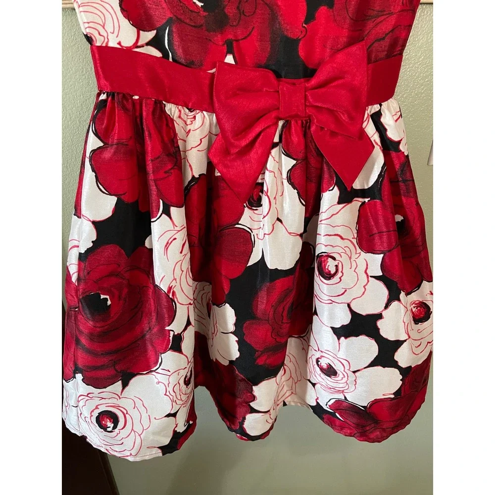 Gymboree Red White Floral Roses Holidays Party Formal Dress Waist Bow Size 8